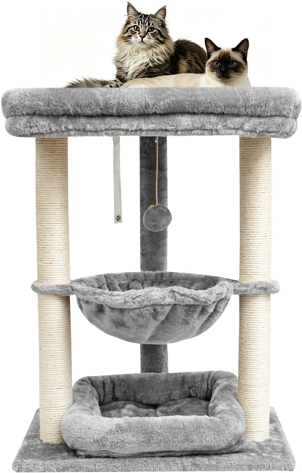 SYANDLVY Leopard Print Small Cat Tree with Top Perch, Hammock & Bottom Bed | 3 Level, Natural Sisal Scratching Post Tower with Hanging Bell Ball and Anti-Tip Strap, Stable Indoor Cat Furniture8
