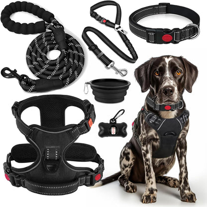 LOBEVE No Pull Dog Harness, Collar & Leash Set | Includes Dog Seat Belt, Collapsible Bowls & Poop Bag Dispenser. Ideal for Training, Walking, Hiking. Fits Small to Large Dogs(Pink-L)10