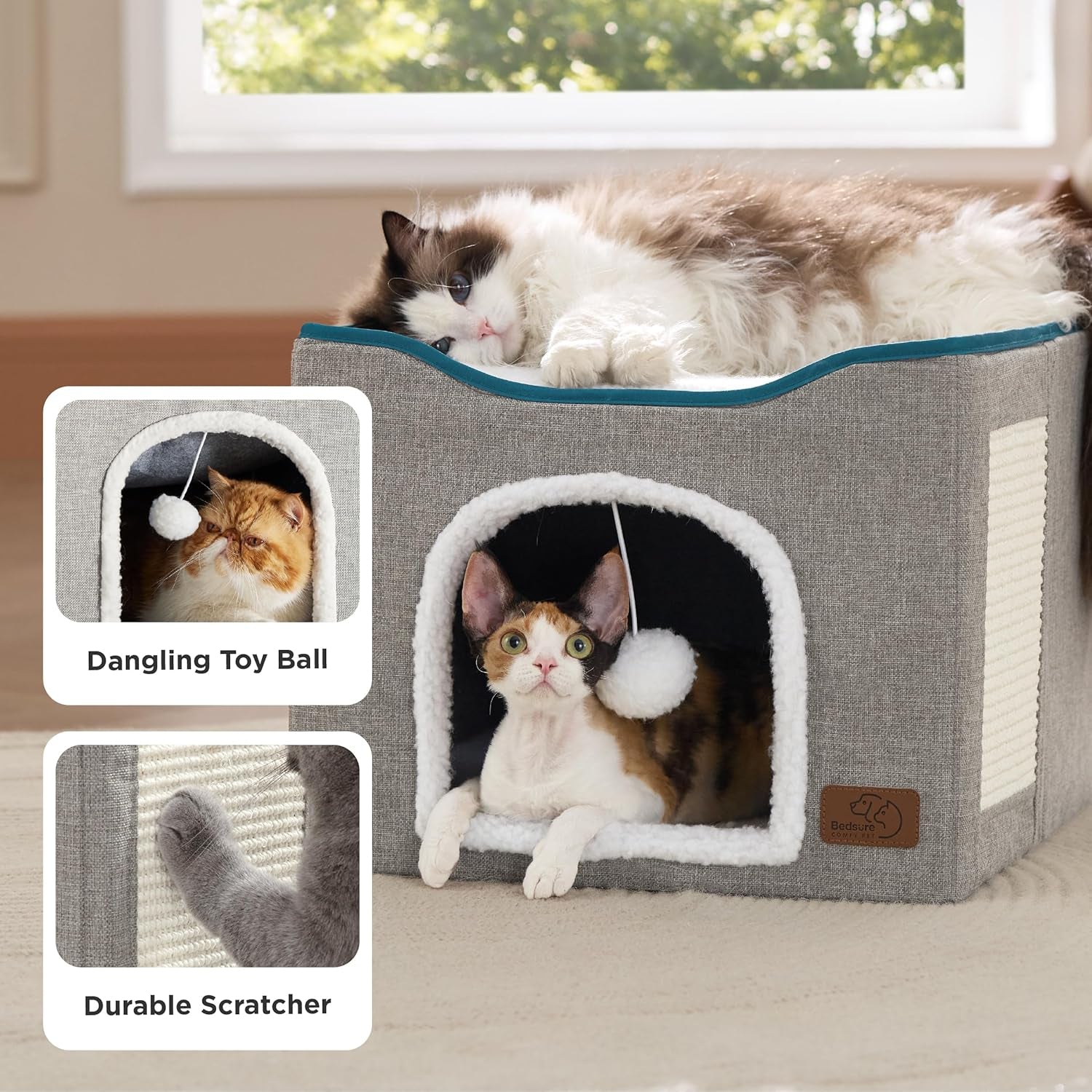 bedsure-cat-house-bed-for-indoor-cats-with-fluffy-ball-and-scratch-pad-grey-16-5x16-5x13-in-large-cat-cave-for-multiple-pets-foldable-cat-hideway-cube-for-sleeping-kitten