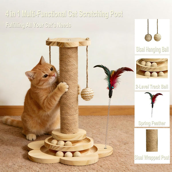 Wooden Cat Scratching Post, 4 in 1 Cat Scratcher Kitten Toys | 17.7" Tall Sisal Post for Indoor Cat with Two-Laye Wooden Ball Track, Ideal for Small Medium Cat2