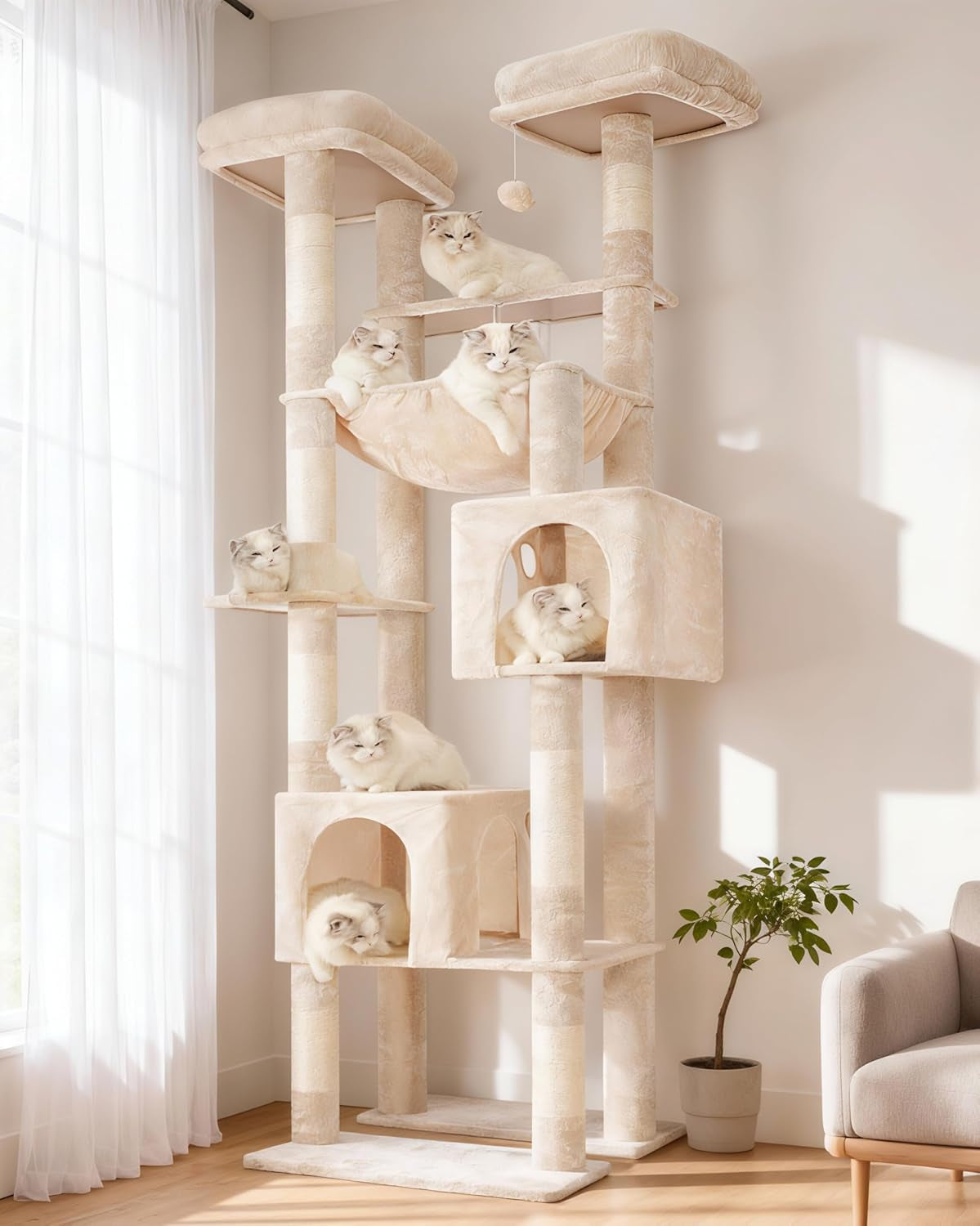 hey-brother-cat-tree-tower-wide-base-5-platforms-for-multi-cats-mpj074mj-72-8-inches-tall-furniture-5-plush-beds-large-condo-big-hammocks-sisal-scratching-posts-for-indoor-adult-cat-beige-brown