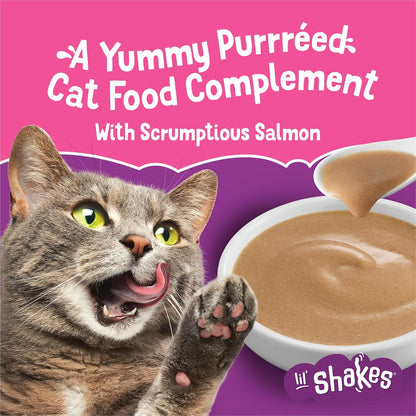 Purina Friskies Pureed Cat Food Topper, Lil’ Shakes with Scrumptious Salmon Lickable Cat Treats - (Pack of 16) 1.55 Oz. Pouches3