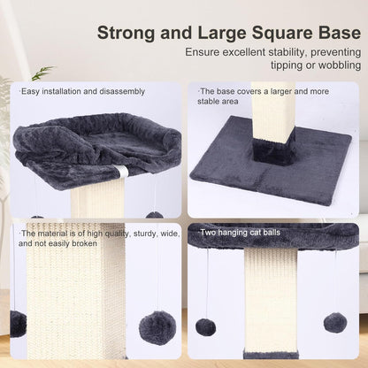 34" Cat Scratching Post for Indoor Cats, Sisal Cat Scratcher with Large Plush Perch, Vertical Posts with Elevated Bed and with Two Dangling Balls, Removable & Washable Cover, Dark Grey5