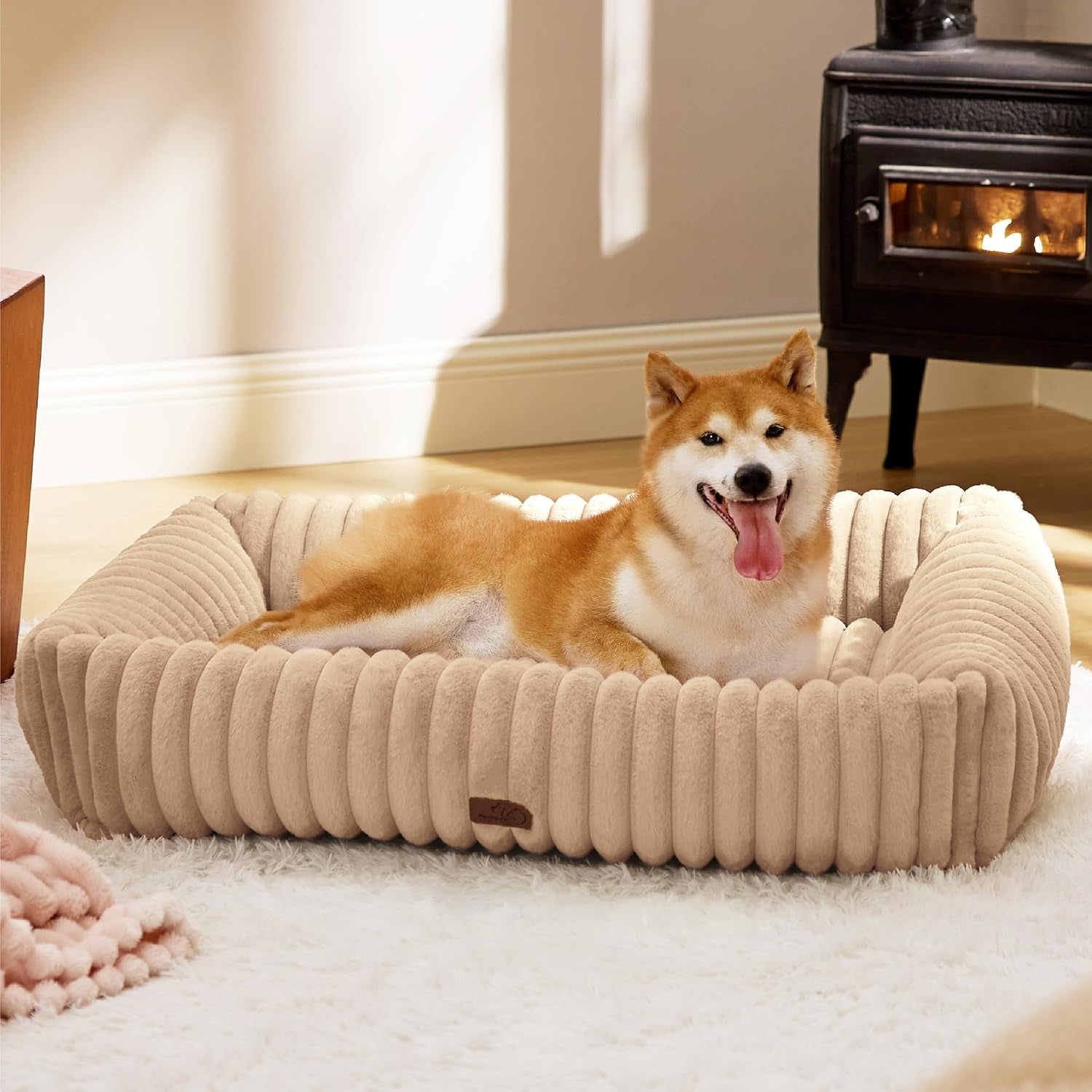 bedsure-comfyfleece™-cute-dog-bed-for-small-medium-dogs-washable-25in-cream-furry-puppy-beds-square-rectangle-orthopedic-corduroy-aesthetic-pet-beds-removable-zipper-cover-non-slip-bottom-up-to-15-lbs