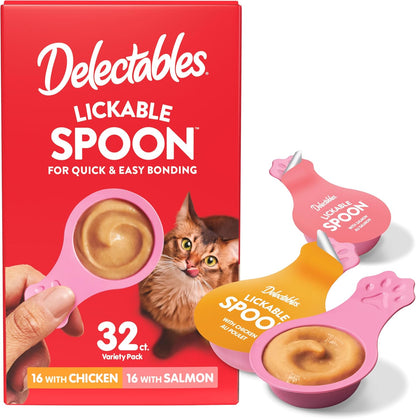 Delectables Lickable Spoon Handheld Wet Cat Treats Made with Real Chicken & Salmon, Quick & Easy Creamy Puree, Mess Free, Grain-Free, No Added Fillers, No By-Products, Variety Pack, 32Ct1