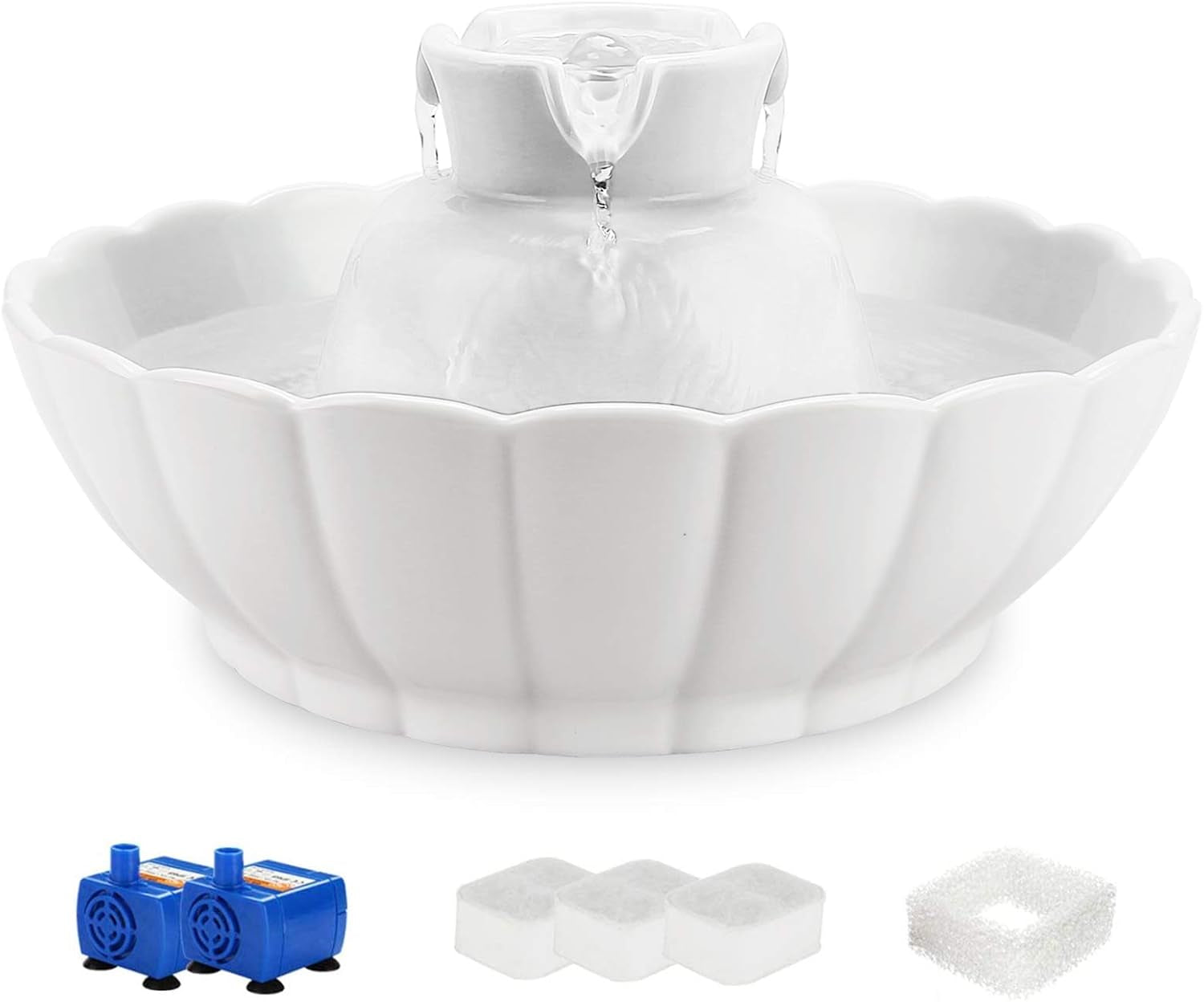 ipettie-tritone-ceramic-cat-water-fountain-heavy-duty-waterer-for-pets-2-1-liters-2-2-quart-filtered-water-purifier-with-replacement-filters-and-foam-white