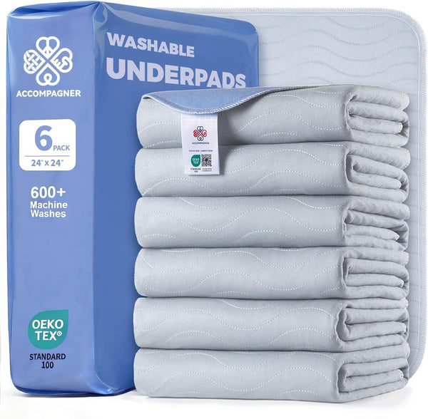 Accompagner Incontinence Bed Pads Washable Waterproof, Ultra-Absorbent Reusable Underpads for Diaper Changing, Nursing, Bedridden, Adults, Seniors, Kids and Dogs (Blue, 24"X24"(Pack of 6))36