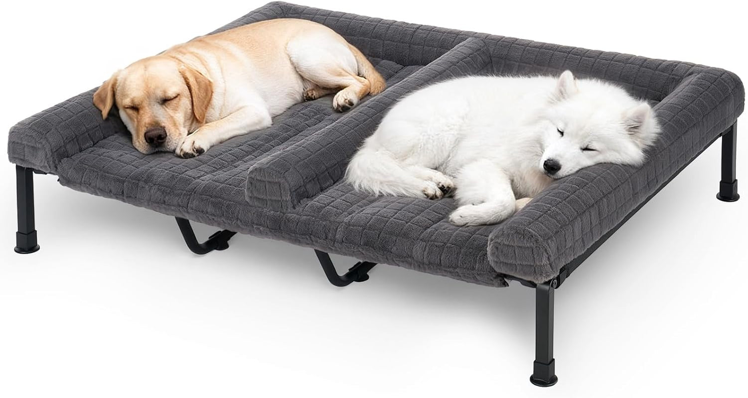 veehoo-fluffy-plush-double-dog-couch-bed-for-two-large-dogs-washable-elevated-dog-beds-with-removable-bolster-cushion-cooling-raised-pet-cot-with-breathable-mesh-no-slip-feet-59-x-37-inches-grey