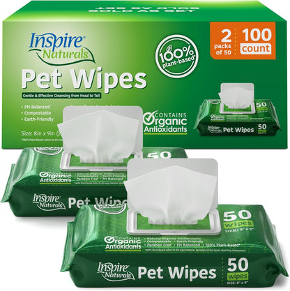 Inspire Naturals Pet Wipes for Dogs and Cats 100% Natural Plant Based with Organic Antioxidants, Dog Wipe Cleaning Deodorizing | Cat Wipes | Puppy Wipes | Dog Wipes for Paws and Butt (200Ct - 4 Pack)10