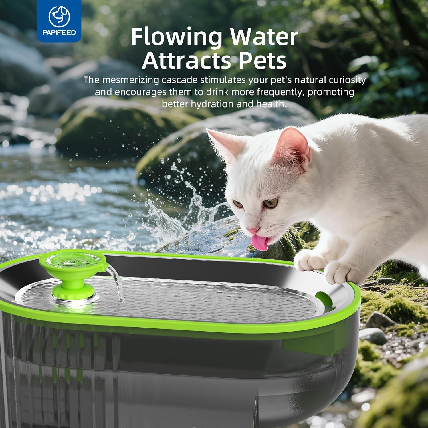 papifeed-cat-water-fountain-stainless-steel-with-a-silicone-mat-84oz-2-5l-automatic-pet-water-fountain-with-led-water-level-window-quiet-low-power-cat-water-bowl-cat-water-dispenser-green