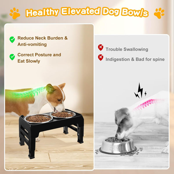 COMESOON Elevated Dog Bowls for Small Medium Dogs, 3 Height Adjustable Raised Stand with 2 Thick 6" Stainless Steel Food Bowls, Non-Slip Feeder Adjusts to 2.75", 6", 7.5", Black4