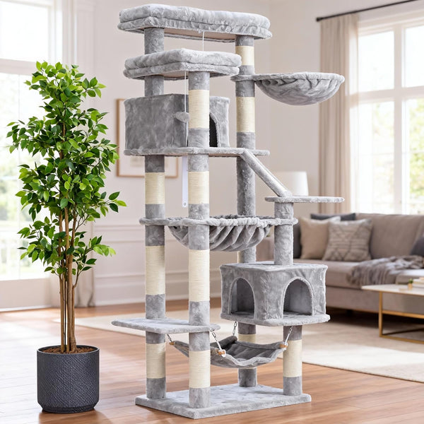 Heybly Cat Tree, 71-Inch-Tall Tower for Indoor Cats with 2 Perches HCT034W | Large Cat Furniture with 2 Big Condos, 2 Hammocks, Basket, Scratching Pad, Multi-Level Cat Condo, Light Gray9