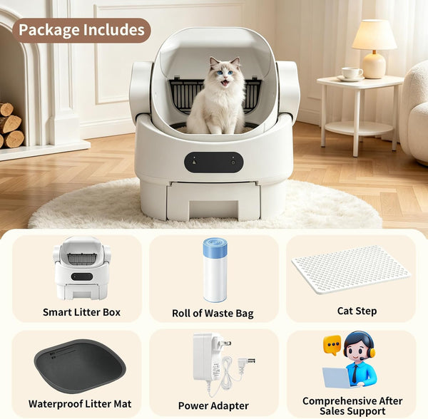Automatic Self-Cleaning Litter Box, Open-Top, Microwave Radar, White | Multi-Sensor Safety, Large Waste Bin, Whisper-Quiet, Easy Setup, Rinse-Clean in Seconds, for Multi-Cat Homes9