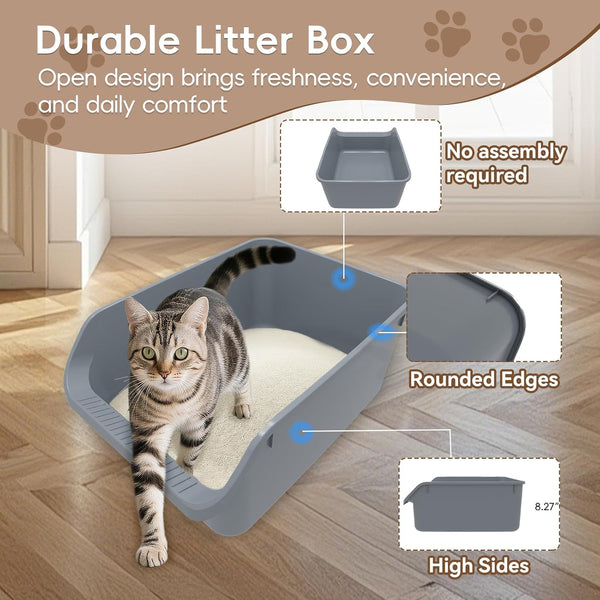 Large Cat Litter Box with High Sides,Durable Open Top Cat Litter Pan for Kitty,Plastic Indoor Big Cat Box with High Wall,Senior Cat Toilet with Low Entry,Easy to Clean,Anti-Splashing(Grey)5
