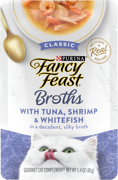 Purina Fancy Feast Broths Classic Cat Food Topper with Tuna, Shrimp, and Whitefish - (Pack of 16) 1.4 Oz. Pouches1
