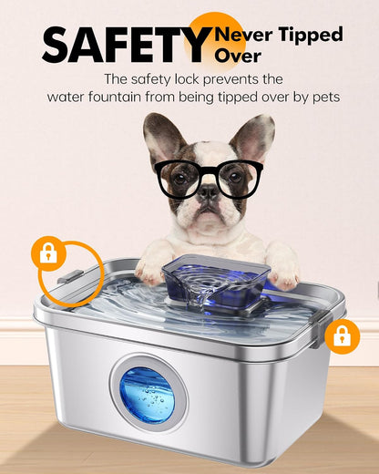 PETIMI Dog Water Fountain, 2 Gallon 304 Stainless Steel Large Pet Water Fountain for Dogs & Cats, Ultra Quiet Indoor Pet Fountain, Safety Lock, 3 Replacement Filters Included, Smart Pump Protection7