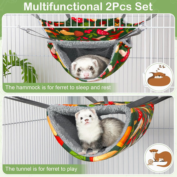 Bienbee 2 Pcs Ferret Rat Hammock Set for Cage Washable Guinea Pig Hideout Bed Soft Small Animal Hammock Tunnel Toys Ferret Cage Accessories for Hedgehog Sugar Glider Squirrel Hamster, Green Mushroom3