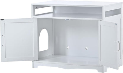 31.5" L White Cat Litter Box Enclosure with Hidden Plug & 2 Doors, Indoor Large Cat Washroom Storage Bench Side Table5