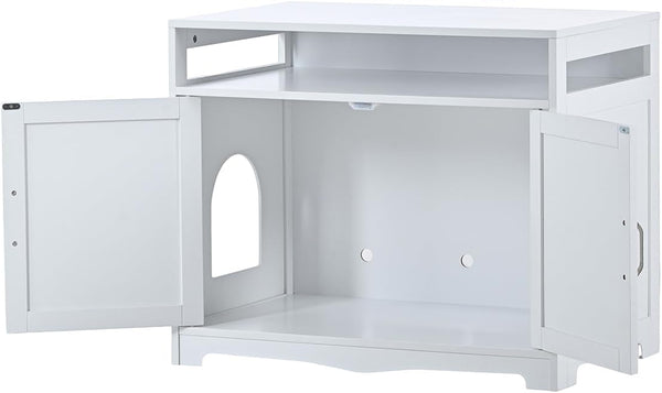 31.5" L White Cat Litter Box Enclosure with Hidden Plug & 2 Doors, Indoor Large Cat Washroom Storage Bench Side Table5
