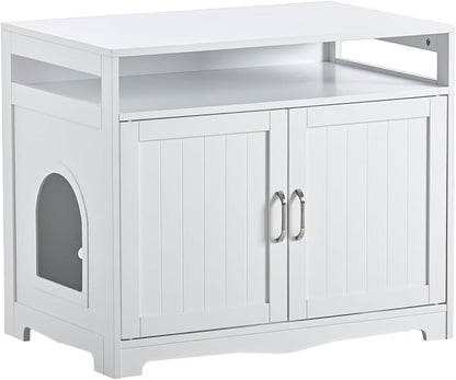 31.5" L White Cat Litter Box Enclosure with Hidden Plug & 2 Doors, Indoor Large Cat Washroom Storage Bench Side Table1