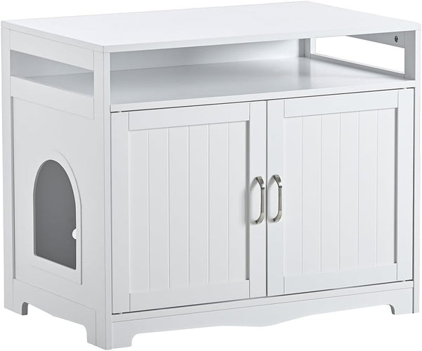 31.5" L White Cat Litter Box Enclosure with Hidden Plug & 2 Doors, Indoor Large Cat Washroom Storage Bench Side Table1