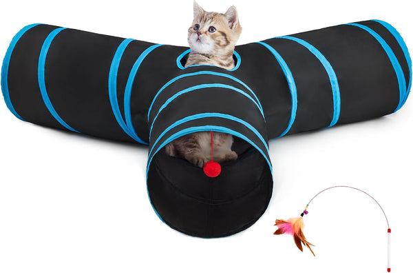 Tempcore Pet Cat Tunnel Tube Toys 3 Way Collapsible, Tunnels for Indoor Cats, Interactive Tube with Teaser Wand, Peek Holes & Hanging Ball, Black & Blue37