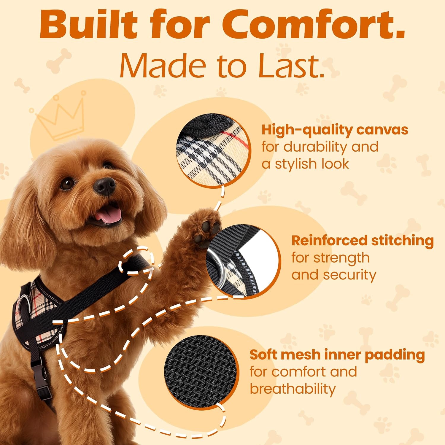 bark-appeal-tan-plaid-no-pull-dog-harness-for-extra-small-to-small-sized-pets-adjustable-reflective-vest-with-3-leash-clips-for-added-control-easy-walks-training-small