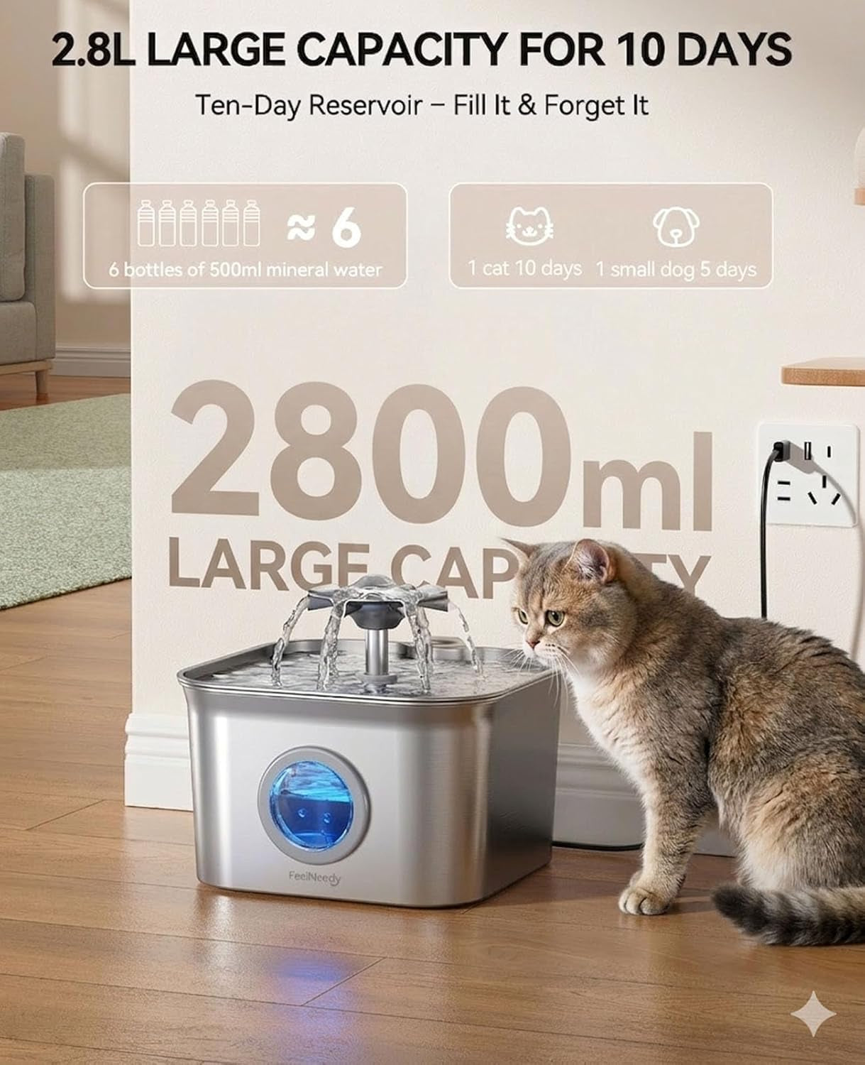 stainless-steel-cat-water-fountain-2-8l-with-20db-ultra-quiet-pump-ideal-for-timid-pets-led-water-level-window-dishwasher-safe-24-7-circulation-includes-3-replacement-filters