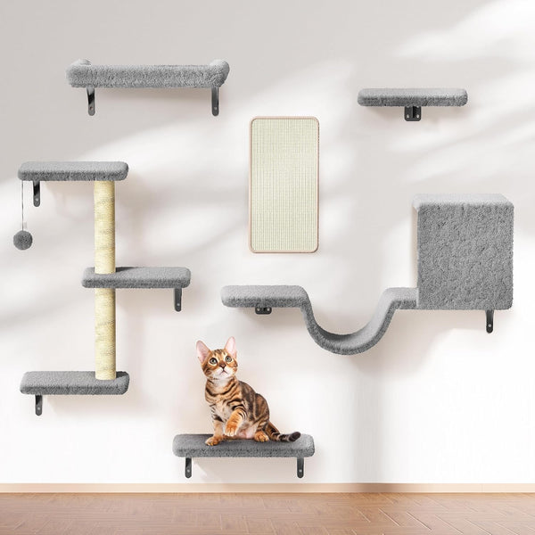 Cat Wall Shelves for Large Cats, Stable & Safe Kitty Walls Furniture Set for 40LBS Cats with Wooden Cat Climber,House, Bridge, Tree, Steps, and Scratcher for 16 Inch Drywall (Grey, 5-In-1)8