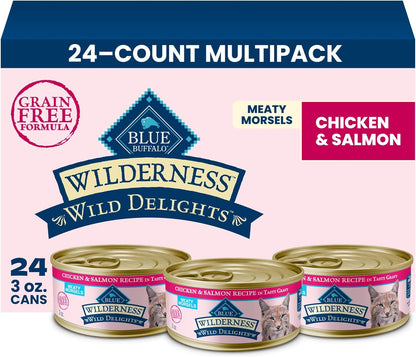 Blue Buffalo Wilderness Wild Delights High Protein Grain Free, Natural Adult Meaty Morsels Wet Cat Food, Chicken & Turkey, Chicken & Trout, Chicken & Salmon 3-Oz Cans (12 Count - 4 of Each Flavor)10