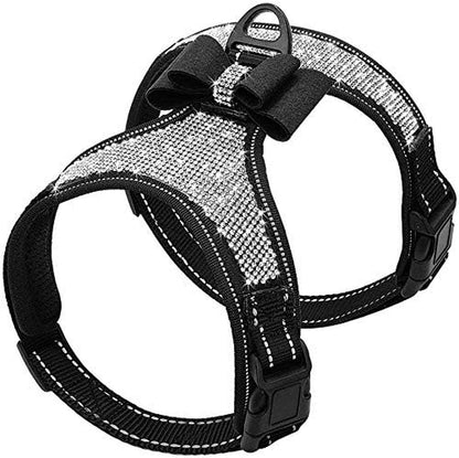 Beirui Rhinestone Dog Harness with Sparkly Bow Tie, Black,S,Chest 11-14" | Reflective Bling Nylon, Soft Fleece Padded, for Small Large Dogs Walking Party Wedding1