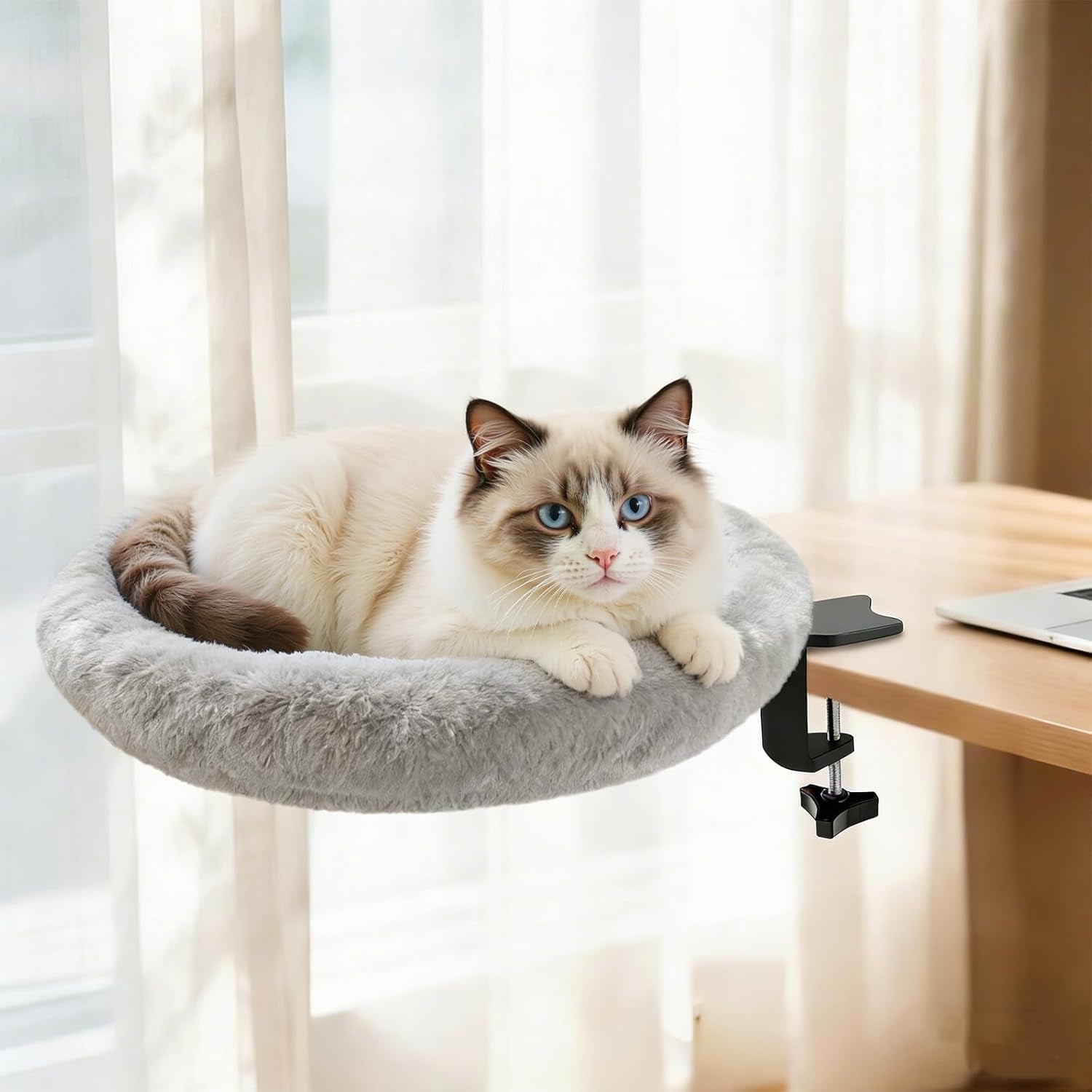 cat-desk-bed-ergonomic-cat-desk-perch-clamp-for-remote-workers-quality-desktop-suspended-cats-bed-rotating-cats-hammock-desk-with-removable-cover-cat-bed-hold-up-to-50lbs-gray