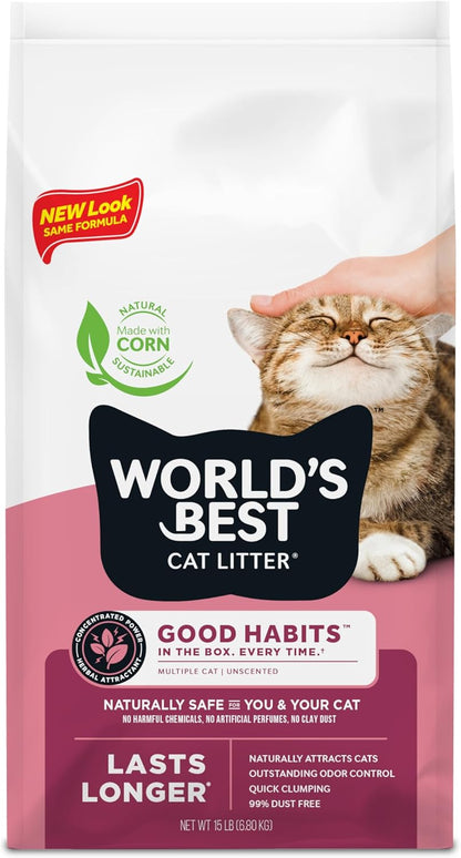 World'S Best Cat Litter, Good Habits Cat Attract Litter, Unscented, 15 Lb | Attracts Cats and Kittens with Plant-Based Attractant; Natural Corn Litter, Quick Clumping, Flushable, 99% Dust Free Formula1