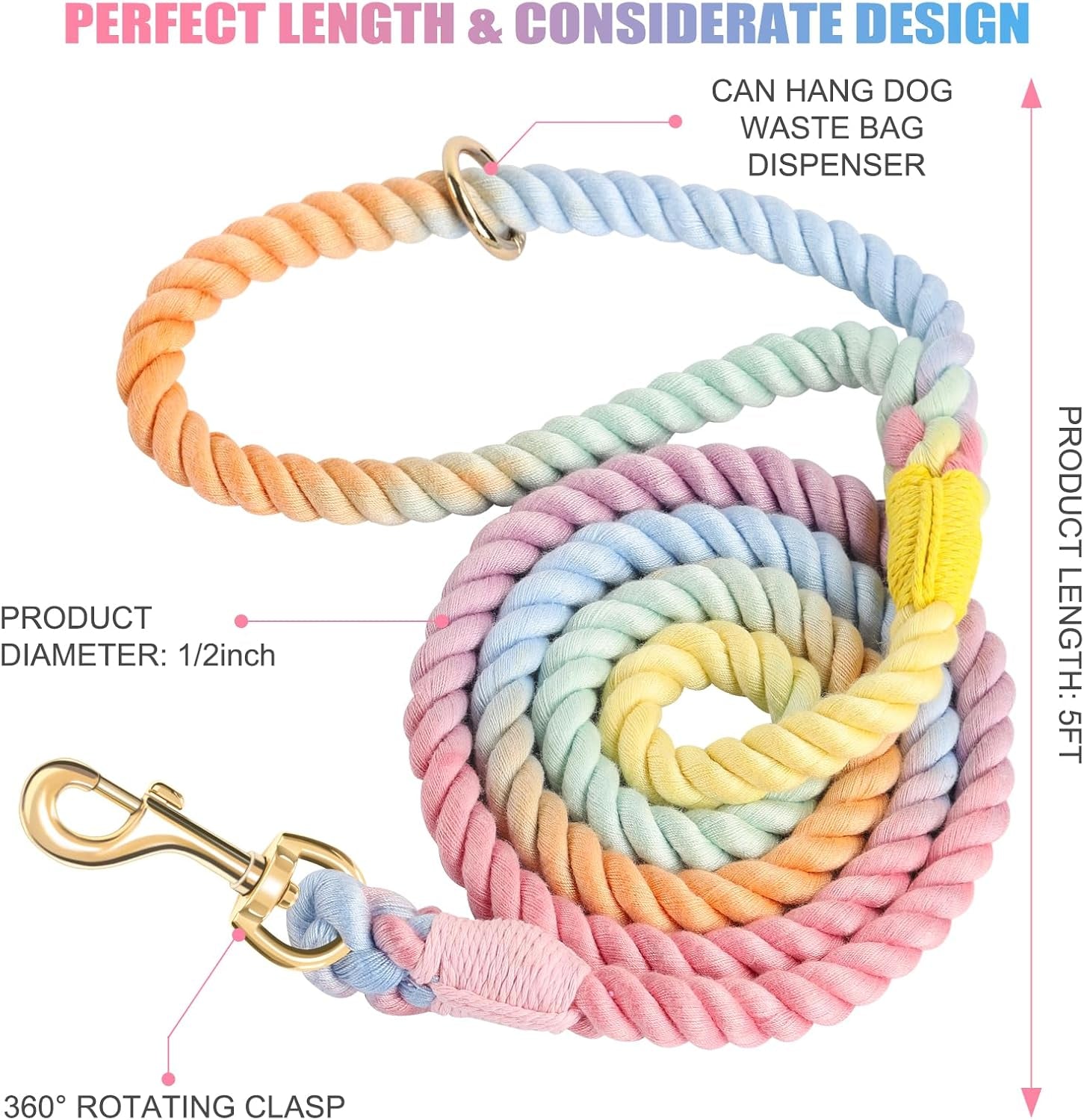 5-ft-handmade-rope-dog-leash-for-small-medium-and-large-dogs-soft-and-comfortable-grip-new-golden-heavy-duty-metal-clasp-colorful-macaron