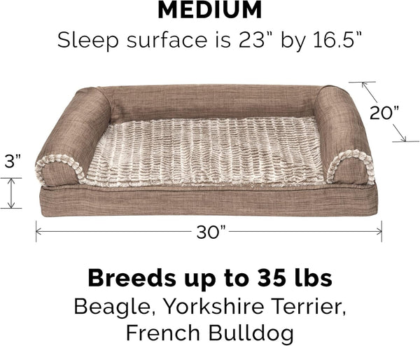 Furhaven Memory Foam Dog Bed for Medium/Small Dogs W/ Removable Bolsters & Washable Cover, for Dogs up to 35 Lbs - Luxe Faux Fur & Performance Linen Sofa - Woodsmoke, Medium2