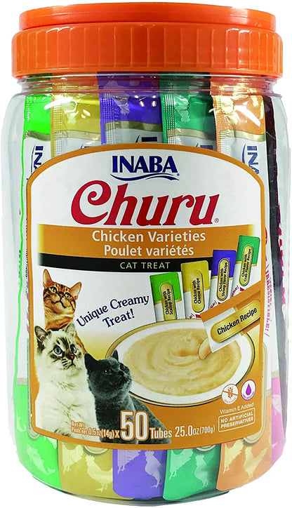 INABA Churu Cat Treats, Grain-Free, Lickable, Squeezable Creamy Purée Cat Treat/Topper with Vitamin E & Taurine, 0.5 Ounces Each Tube, 50 Tubes, Chicken Variety1