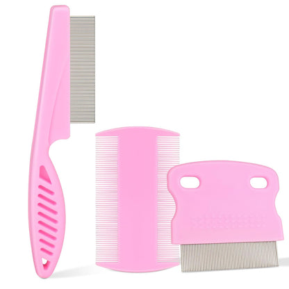 Flea Comb for Dogs and Cats - Lice Comb with Rubber Handle - Promotes Hair Growth and Removes Loose Hair, Knots, and Flakes Flea Brush for Pets(3P,Pink)1