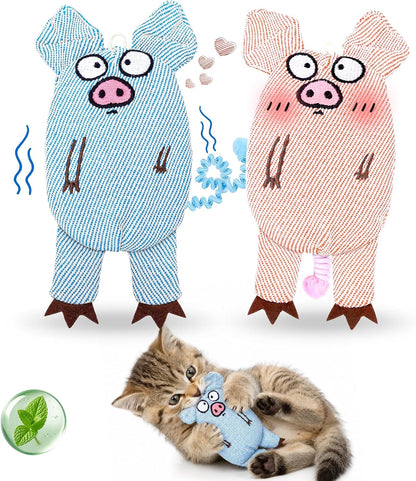 Cat Toys for Indoor Cats, 2 PCS 8000Mg A+Natural Catnip Silvervine Crinkle Interactive Cat Toy Pig with Bell Elastic Tail, Baby-Grade Plush Chew Toy for Teeth Cleaning, Cat Kickers for Boredom1