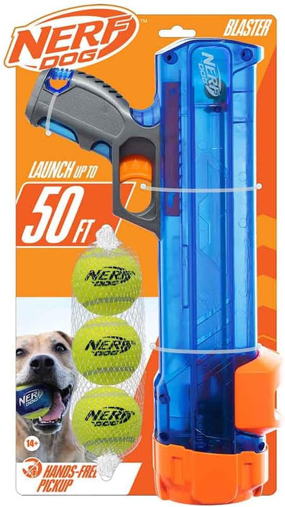 Nerf Dog Tennis Ball Blaster Dog Toy Gift Set, Tennis Ball Dog Fetch Toy Launches up to 50 Ft, Dog Ball Thrower for All Breeds Includes Translucent Blue Tennis Ball Launcher and 3 Dog Tennis Balls1