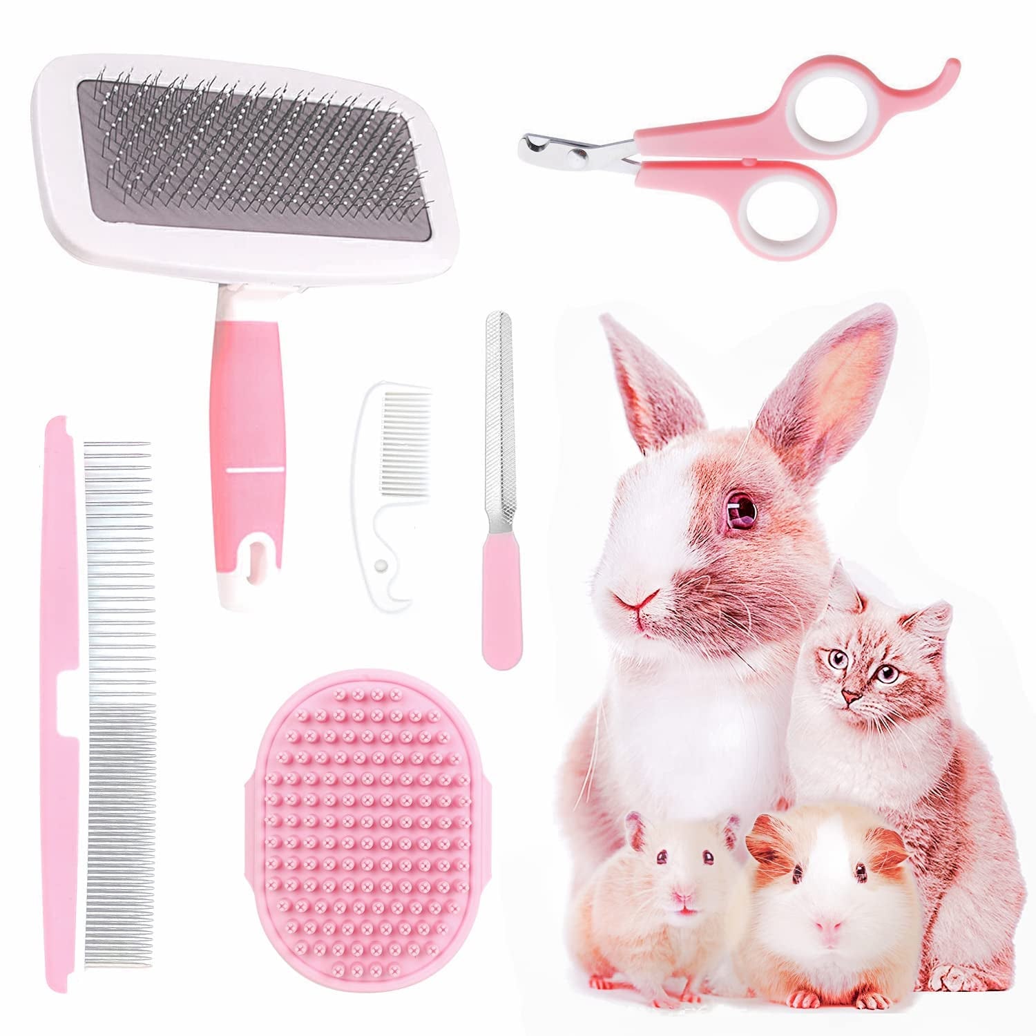 small-animal-pet-grooming-kit-with-pet-shedding-slicker-brush-bath-massage-glove-pet-grooming-comb-nail-clipper-trimmer-for-rabbit-puppy-kitten-guinea-pig-hamster-ferret-pink