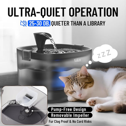 Veken 85Oz/2.5L Cat Water Fountain with Detachable Tank & Secure Clips | Easy to Clean & Assemble, Quiet Operation & LED Light, Pet Drinking Dispenser, Gifts, Cats, Dogs and Small Pets, Black3