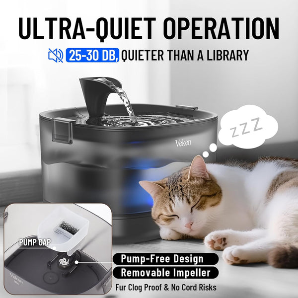 Veken 85Oz/2.5L Cat Water Fountain with Detachable Tank & Secure Clips | Easy to Clean & Assemble, Quiet Operation & LED Light, Pet Drinking Dispenser, Gifts, Cats, Dogs and Small Pets, Black3