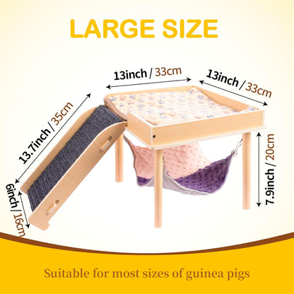 BESNEW Enlarged Guinea Pig Hammock with Platform and Stairs,Wooden Small Animal Hideout for Guinea Pigs Bunny Ferret Hamster Hiding Sleeping Activities(Single)4