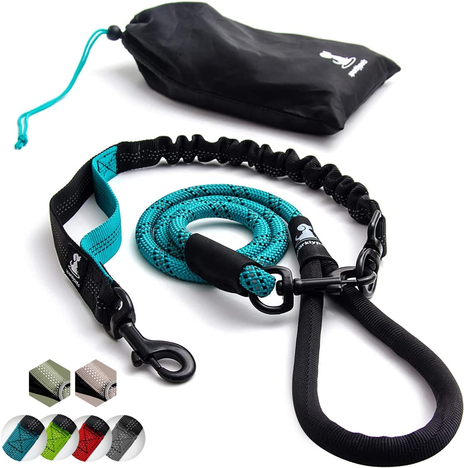 sparklypets-double-dog-leash-for-2-dogs-rope-bungee-dual-leash-for-medium-and-large-breeds-with-padded-handles-tangle-free-teal-medium-large