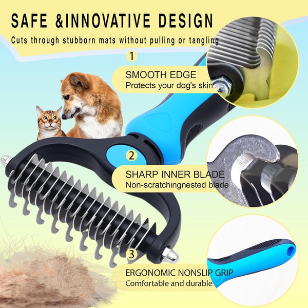 Pet Grooming Rake for Dogs & Cats - Double-Sided Deshedding and Dematting Tool, Gently Remove 95% of Loose Undercoat & Mats for Long-Haired Pets, Painless Fur Brush for Shedding Control (Blue)5