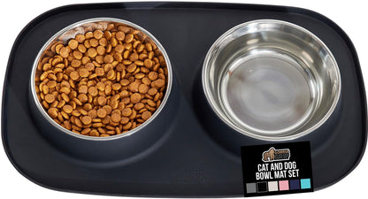 GORILLA GRIP Patented Dog Bowl Set with Slip Resistant Silicone Feeding Mat, Food Grade 304 Stainless Steel Bowls, BPA Free High Edge Spill Containment Dishwasher Safe, Finger Notch Removal 2 Cup Gray12