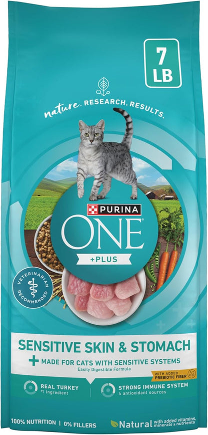 Purina ONE Sensitive Stomach, Sensitive Skin, Natural Dry Cat Food, +Plus Sensitive Skin and Stomach Formula - 7 Lb. Bag1