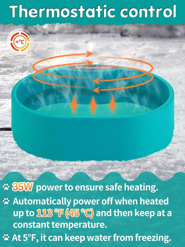 3.7L Heated Water Bowl for Outdoor Dogs Cats - 30W Thermostatic Control Heating Pet Bowl with 6.6Ft Bite-Proof Cord for Winter Chickens4