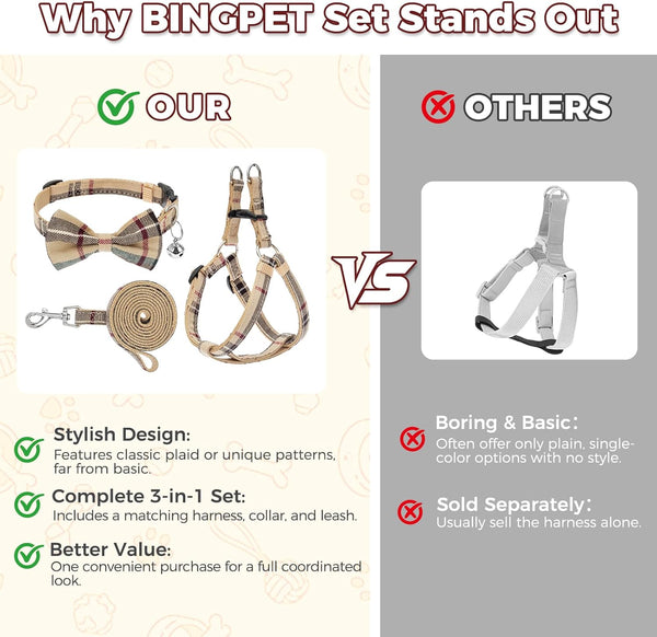 BINGPET Dog Harness Collar Leash Set,Adjustable No Pull Escape Proof Small Dog Harness,Classic Plaid Puppy Harness and Leash Set for Small Medium Large Dogs Training Easy Walk Running(Beige,S)6