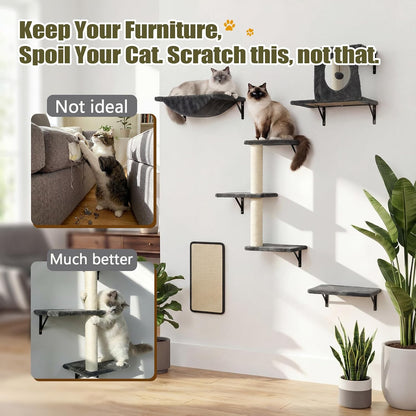 Cat Wall Shelves, Cat Wall Mounted Furniture, Climbing Wall Systems with Perches, Scratchers and Condo, Kitten Indoor Jungle Gym Set of 5 (Grey)5